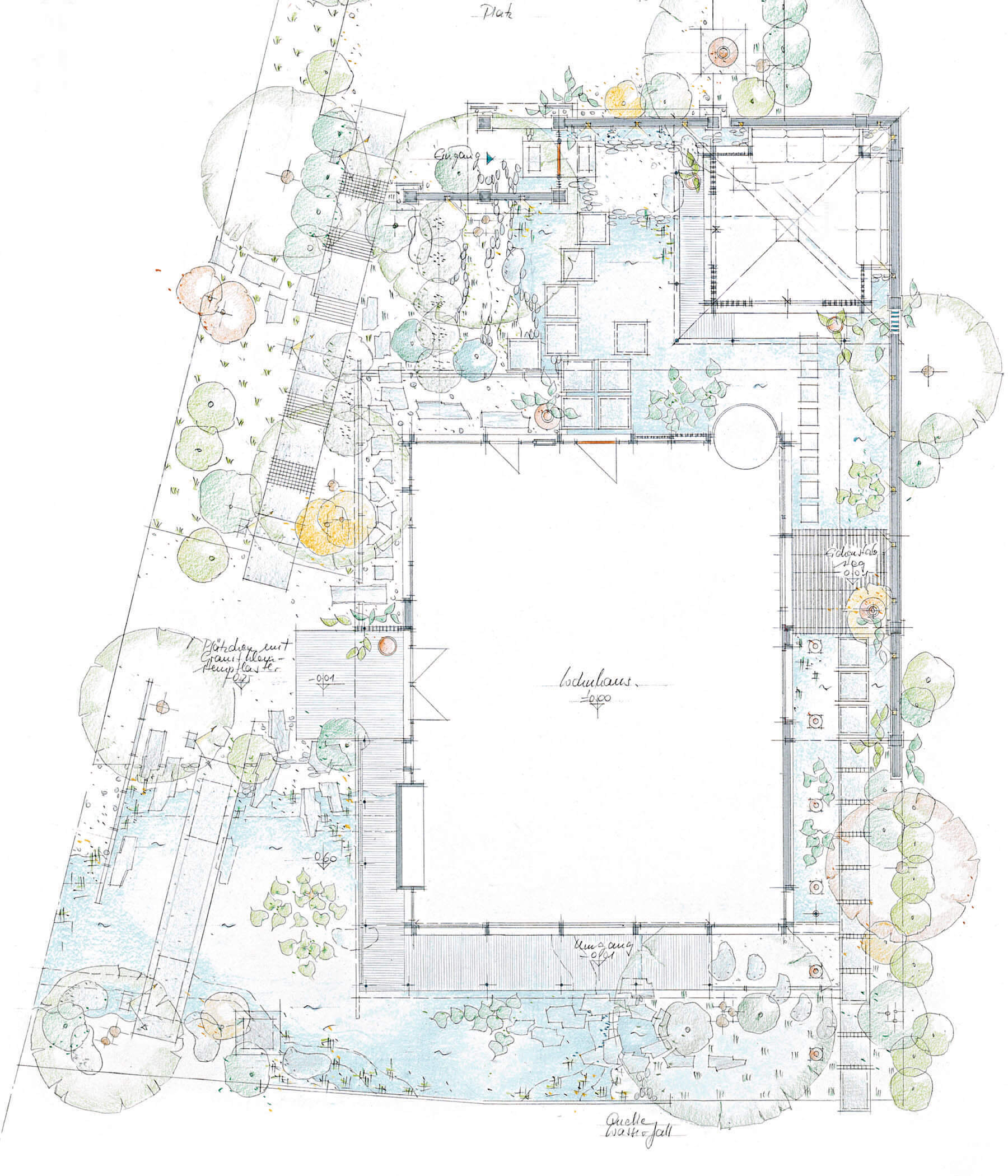 Haus am See: Gartenplan mit Haus, Eingangshof und Bepflanzung