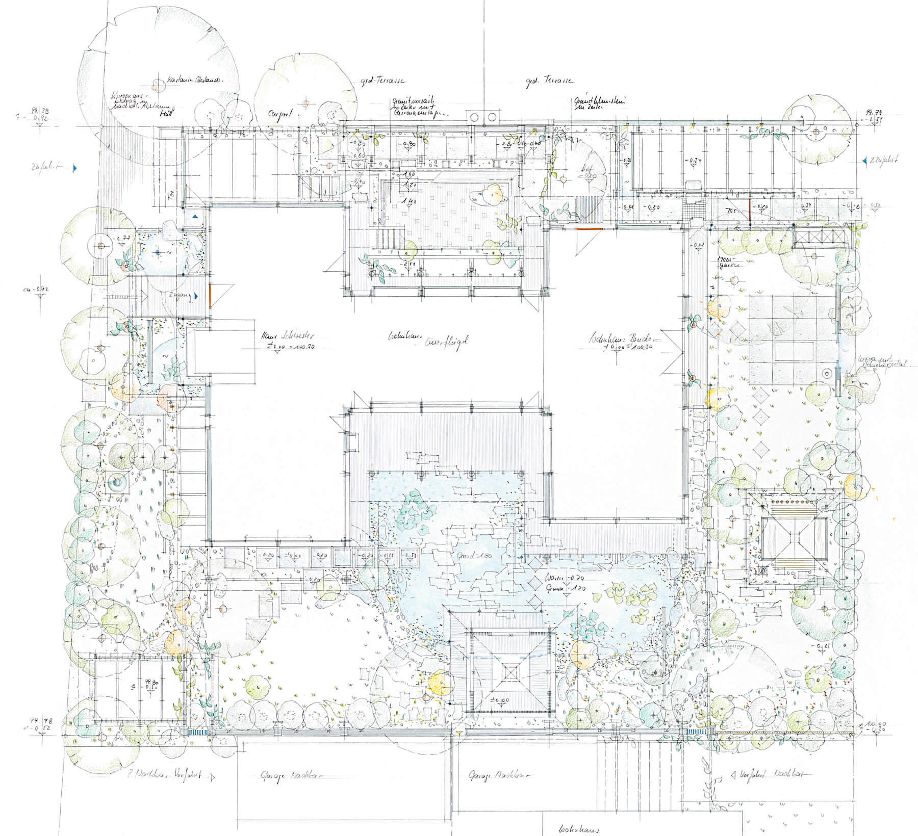 Haus mit Höfen: Gartenplan mit Gebäude, Höfen und Bepflanzung