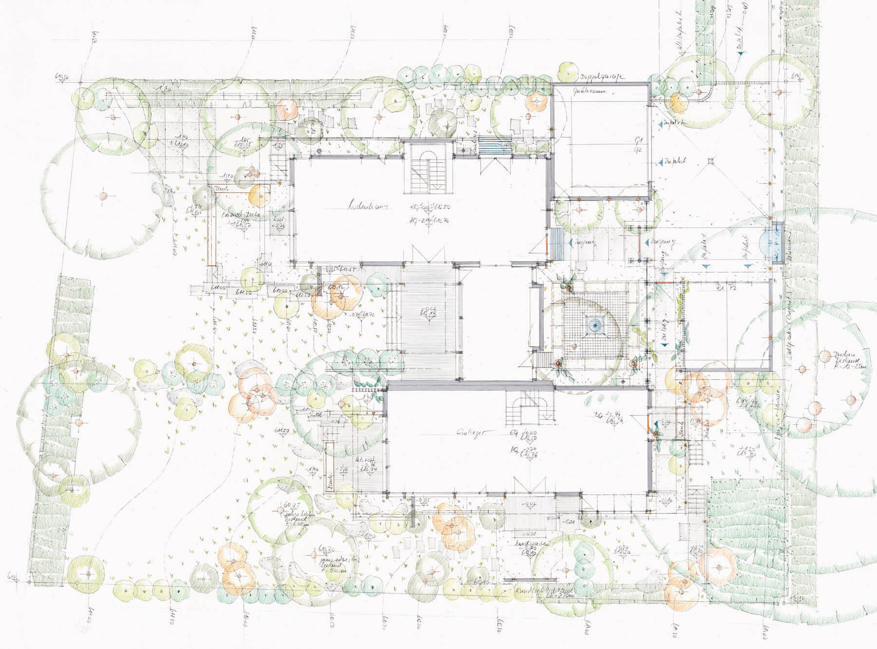 Gartenplan der Doppelvilla mit beiden Häusern und Bepflanzung