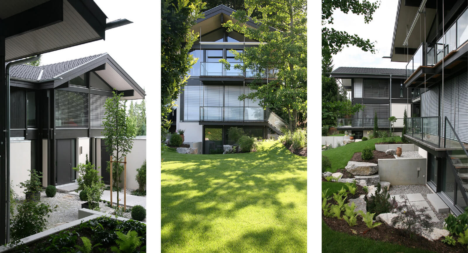 Doppelvilla: Eingangshof, Giebelfassade über Rasen und terrassierter Hanggarten