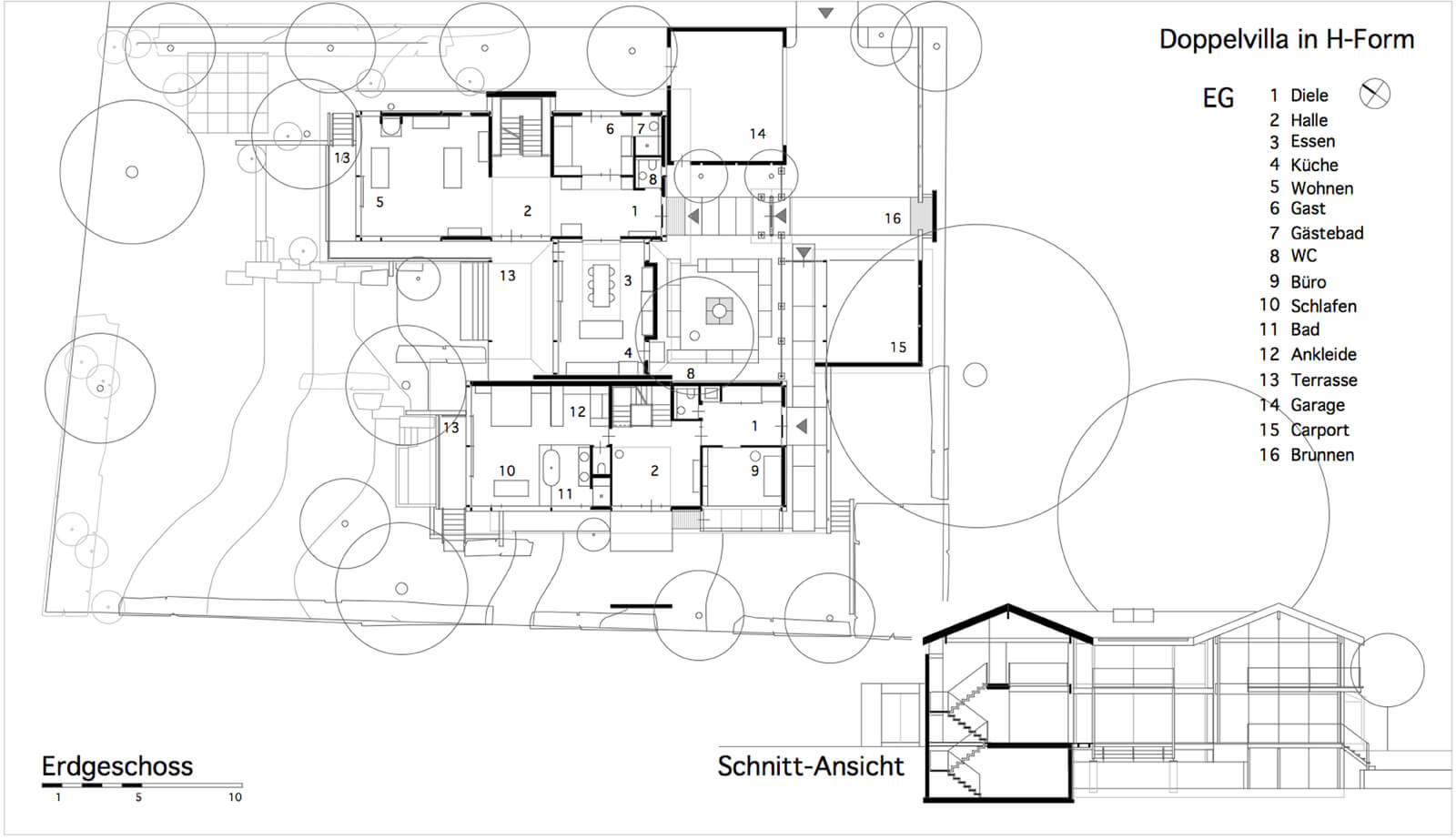 Doppelvilla: Grundriss Erdgeschoss mit Garten und Schnitt-Ansicht