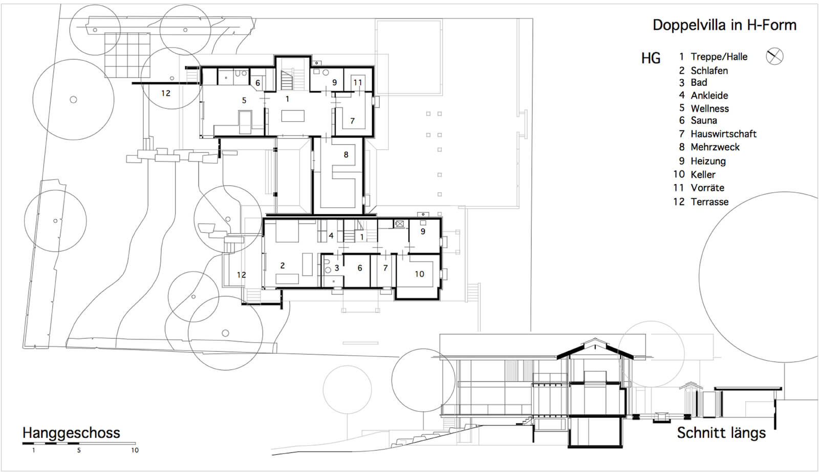 Doppelvilla: Grundriss Hanggeschoss mit Wellness, Sauna und Längsschnitt