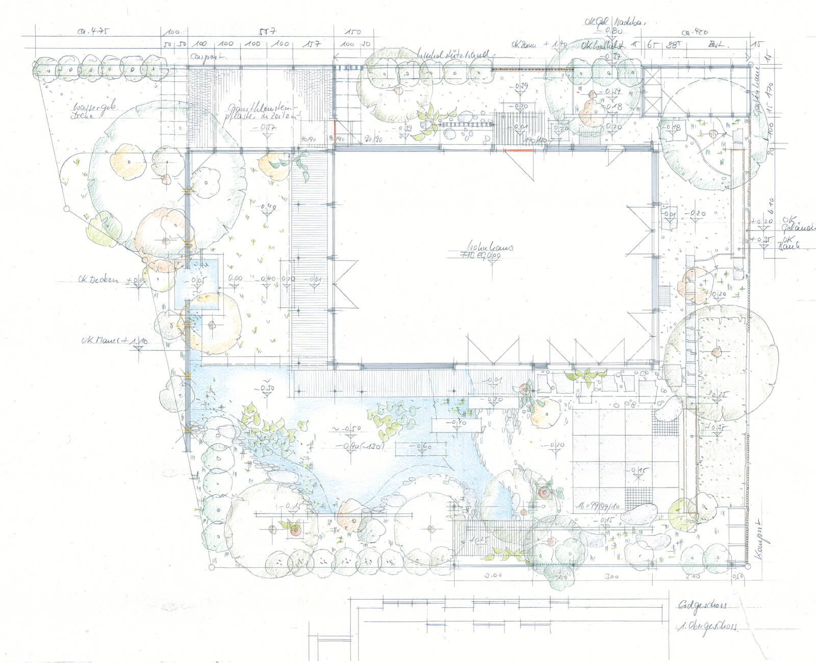 Hand-drawn coloured garden plan, On a small plot