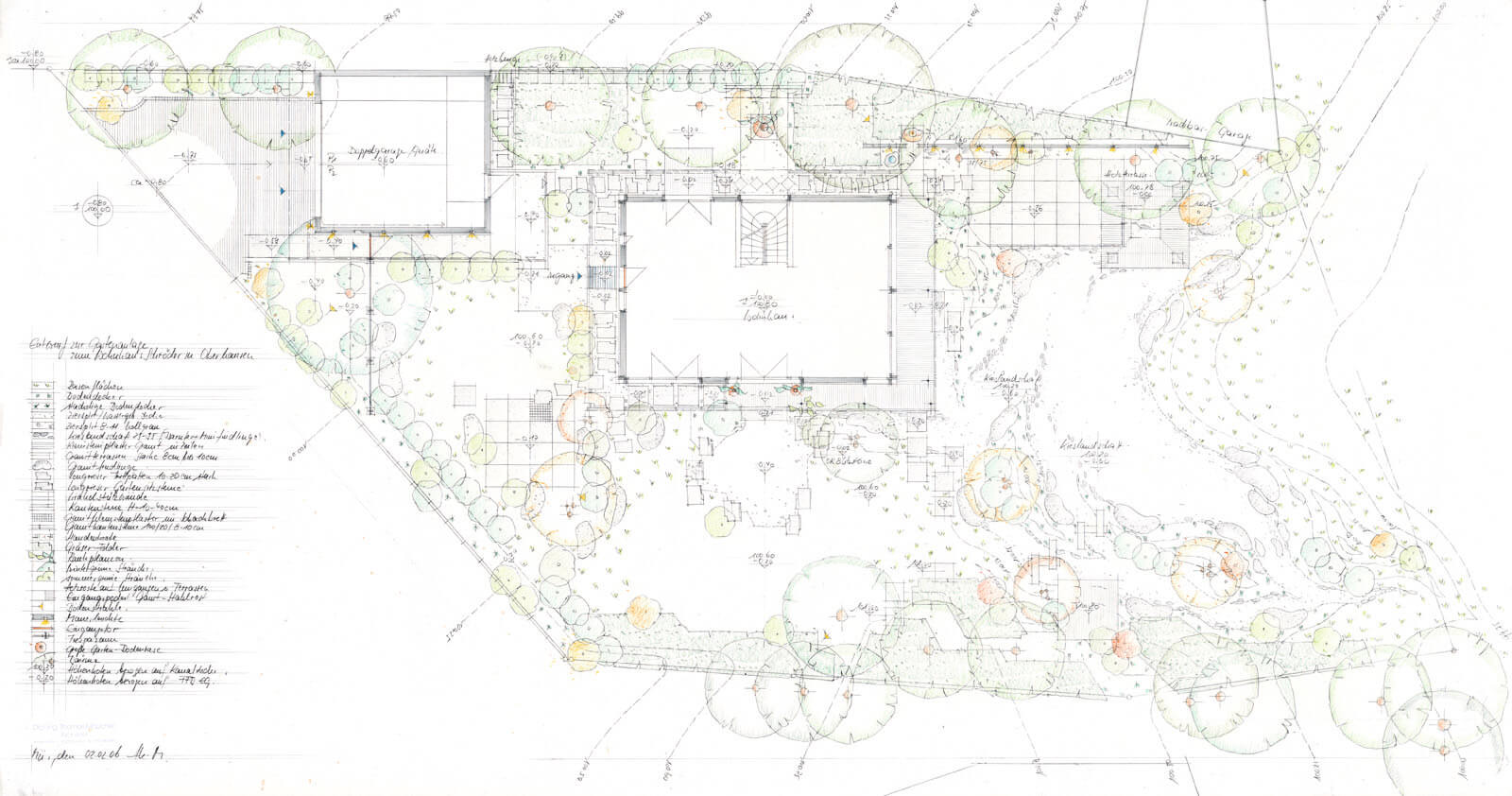 Am Biberteich: kolorierter Gartenplan mit Haus, Doppelgarage, Bäumen und Kiesflächen