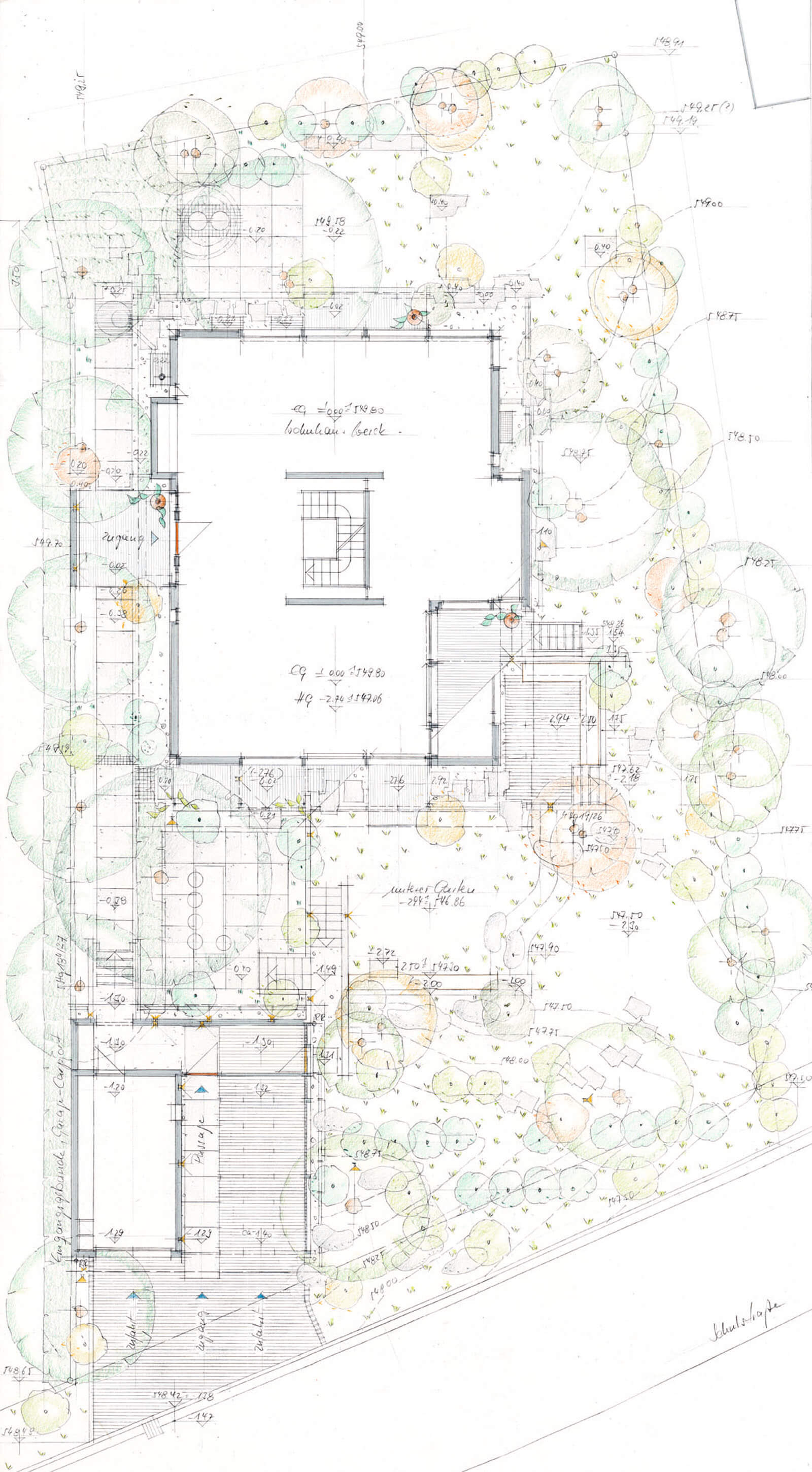 Gartenplan des Flachdach-Kubus mit Haus und Bepflanzung