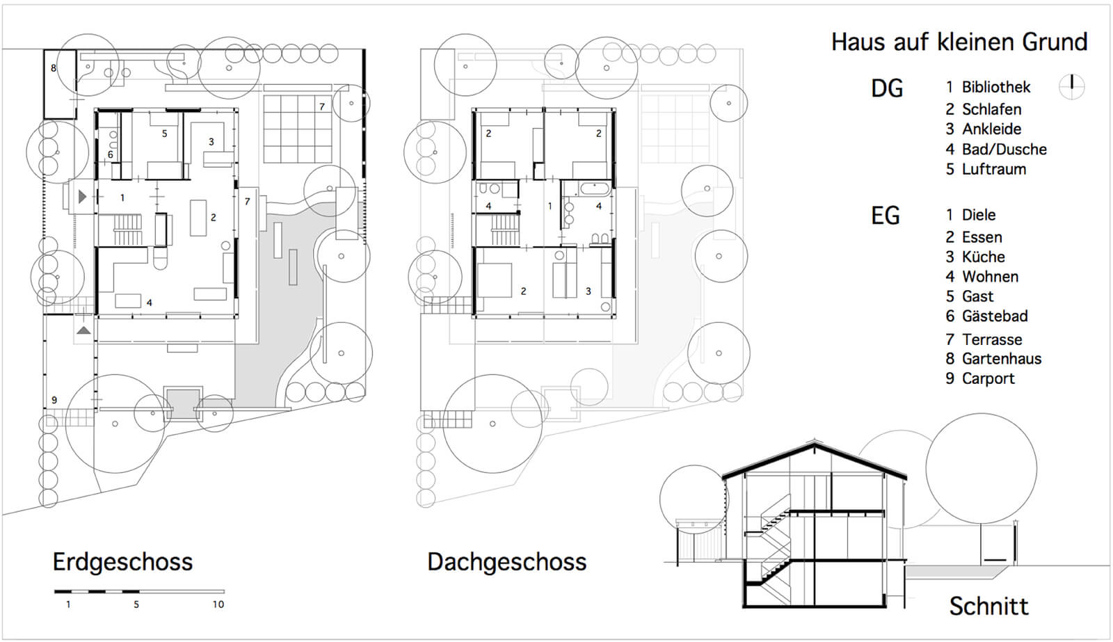 Floor plans of ground floor and attic with section, On a small plot
