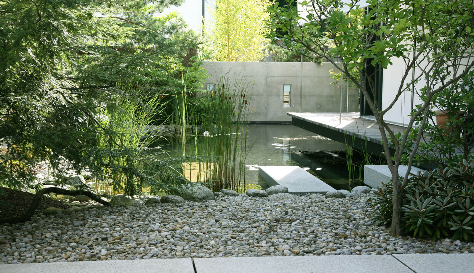 On a small plot: gravel garden with stepping stones by the pond and concrete wall