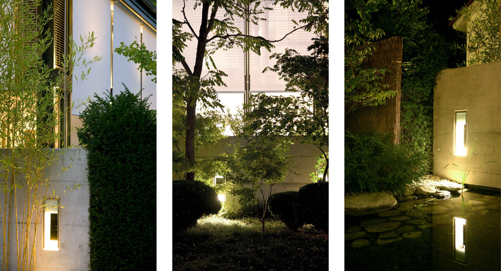 On a small plot: three garden views with wall lights, bamboo and pond at dusk
