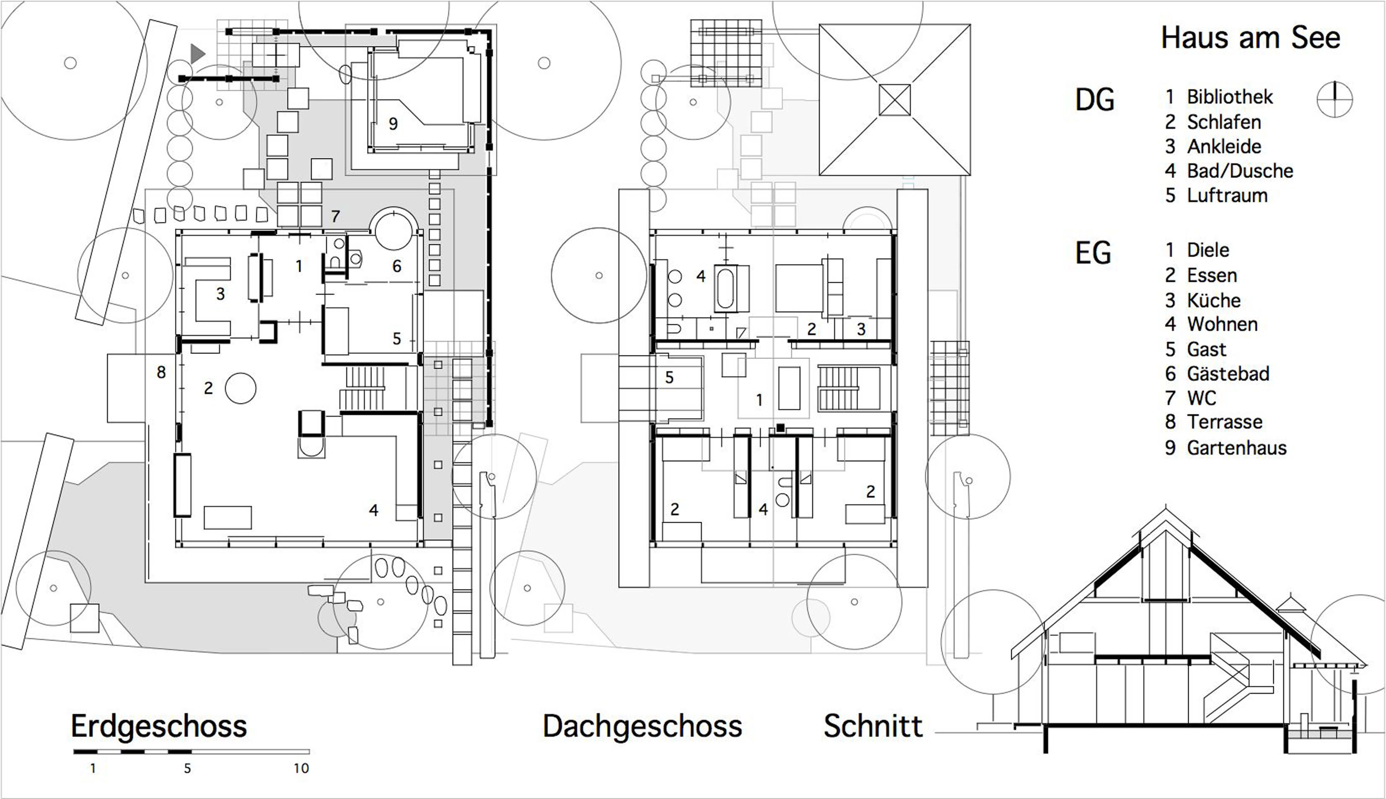 Haus am See: Grundrisse Erdgeschoss und Dachgeschoss mit Schnitt