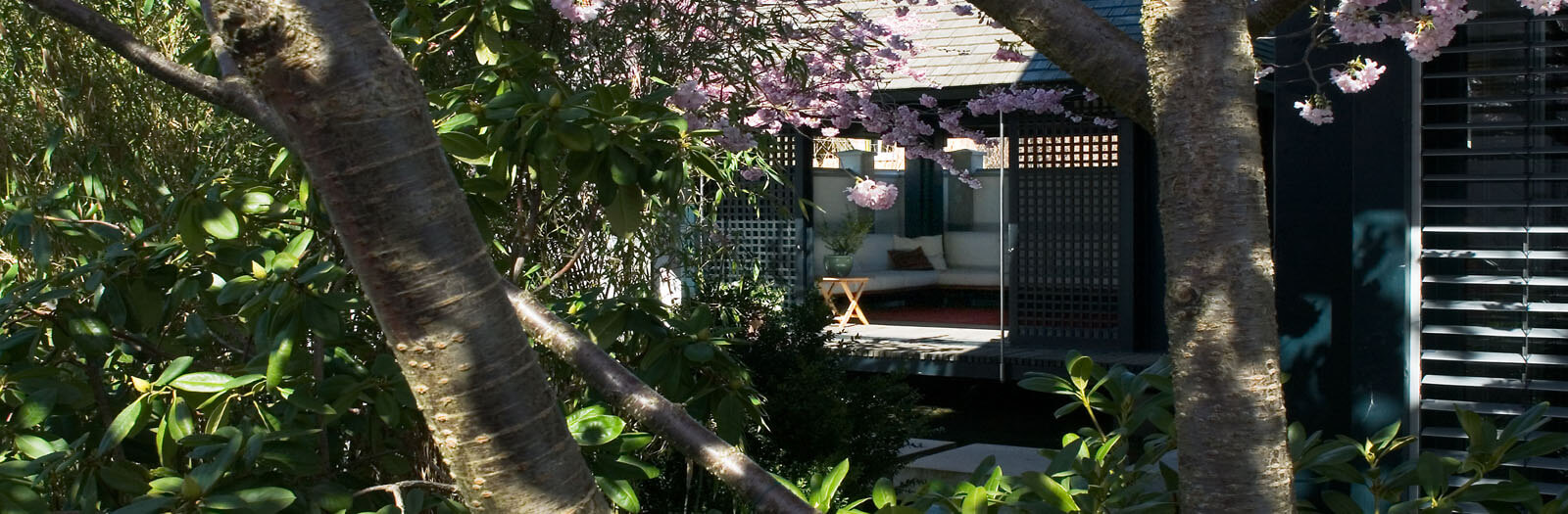 Haus am See: Gartenpavillon hinter blühendem Kirschbaum