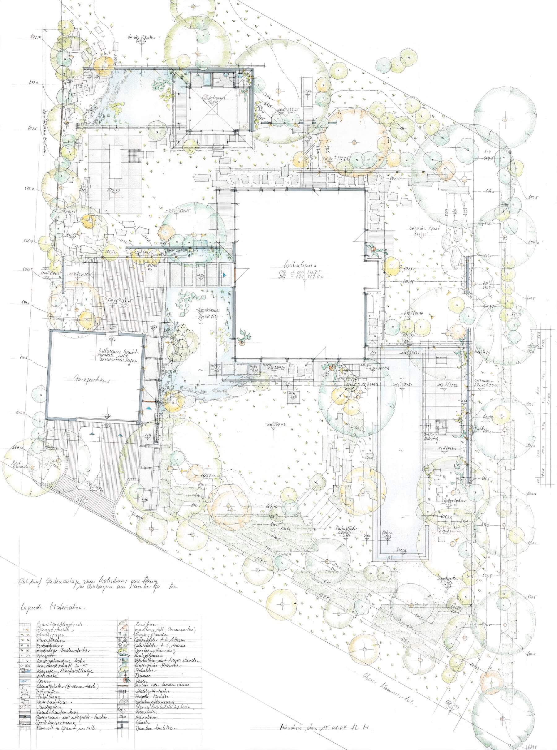 Gartenplan Haus in Hanglage mit Haus, Pool und Bepflanzung