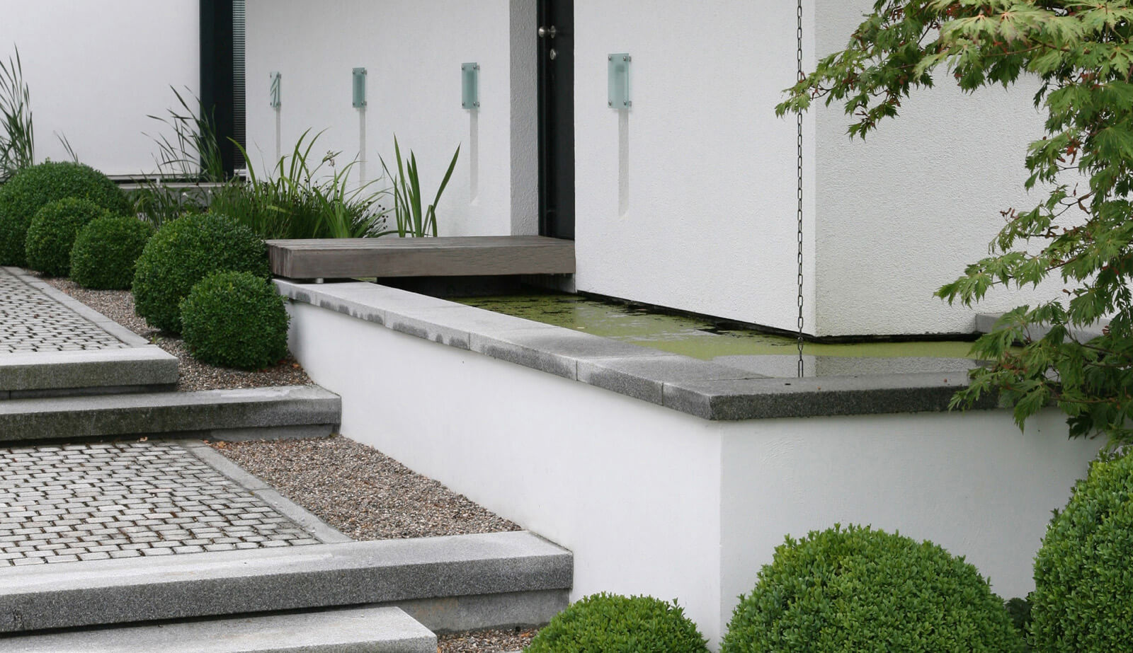 In der Baumschule: Eingangsstufen mit Wasserbecken und Buchskugeln an weißer Wand
