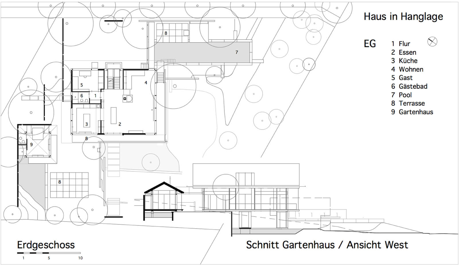 Haus in Hanglage: Grundriss Erdgeschoss mit Schnitt Gartenhaus und Ansicht West