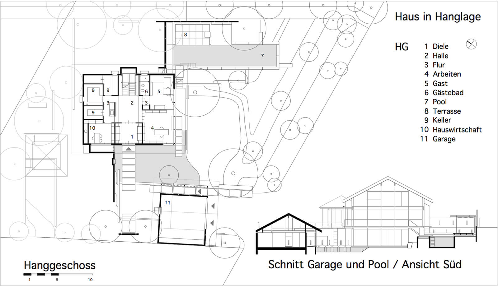 Haus in Hanglage: Grundriss Hanggeschoss mit Schnitt Garage und Pool