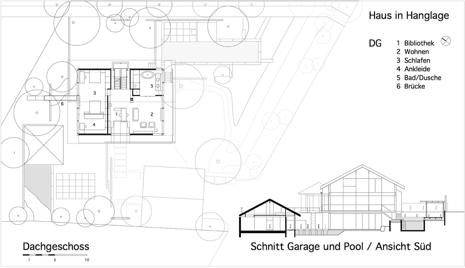 Haus in Hanglage: Grundriss Dachgeschoss mit Schnitt Garage und Pool