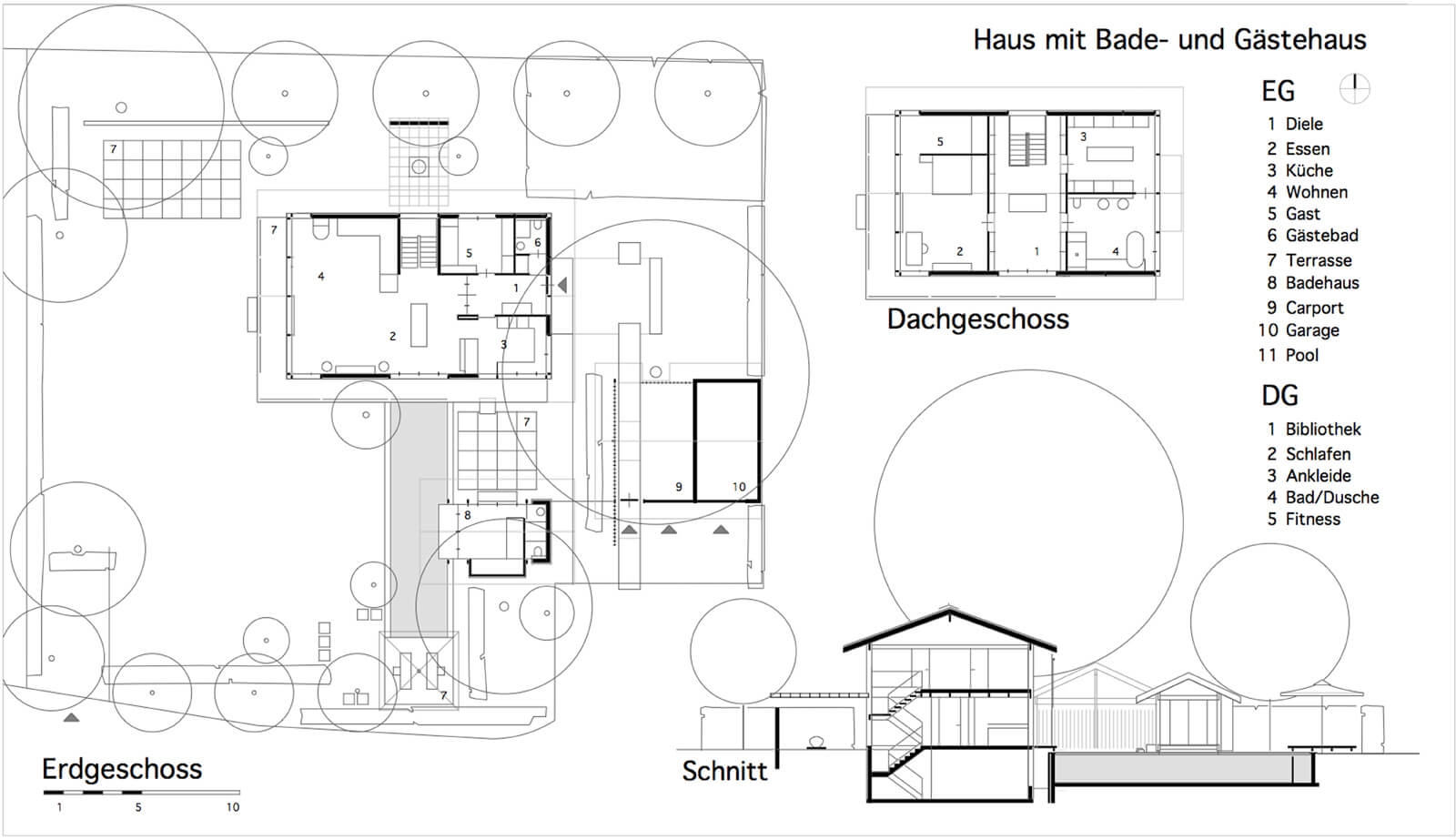 Haus mit Gästehaus: Grundrisse Erdgeschoss und Dachgeschoss mit Schnitt