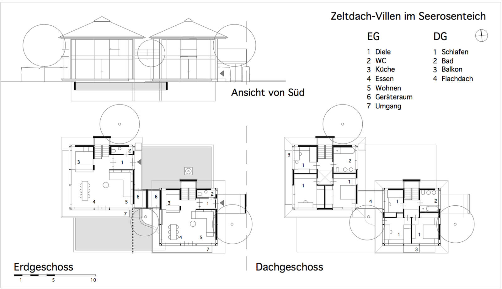 Ansicht von Süd und Grundrisse Erdgeschoss und Dachgeschoss, Stadthaus-Pärchen