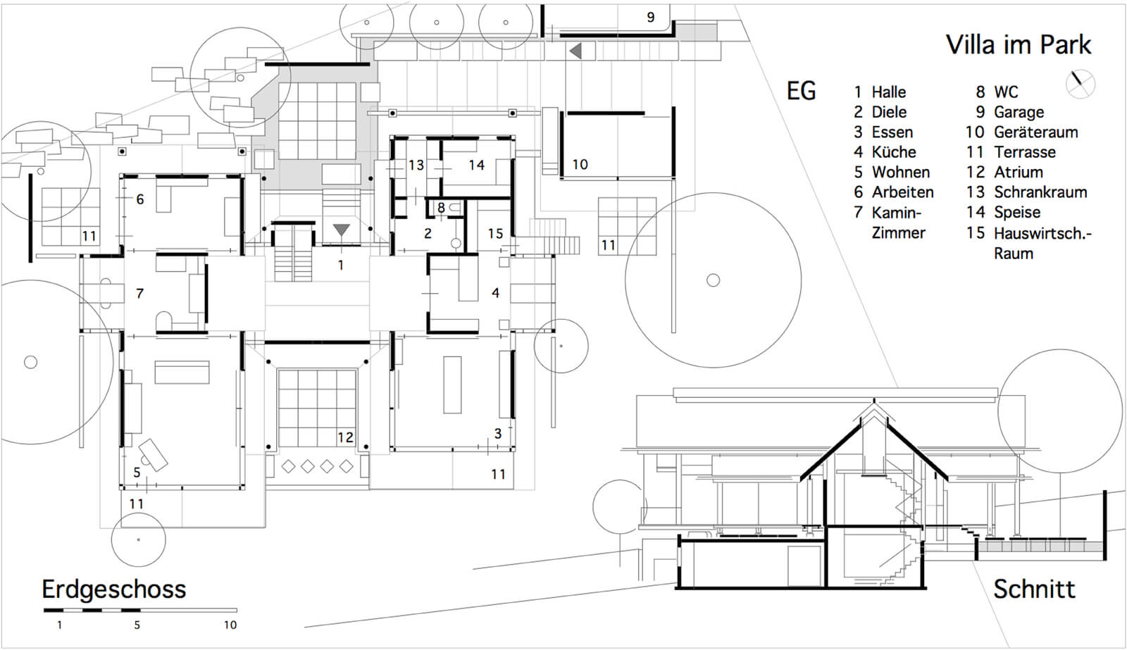 Grundriss Erdgeschoss mit Schnitt, Villa im Park