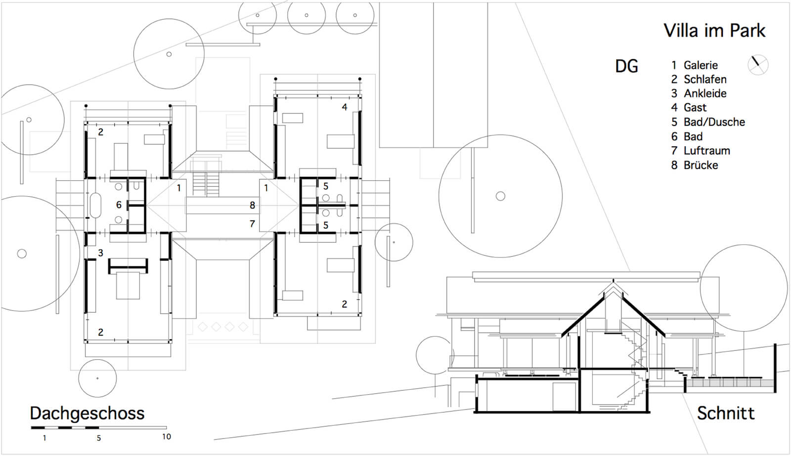 Grundriss Dachgeschoss mit Schnitt, Villa im Park