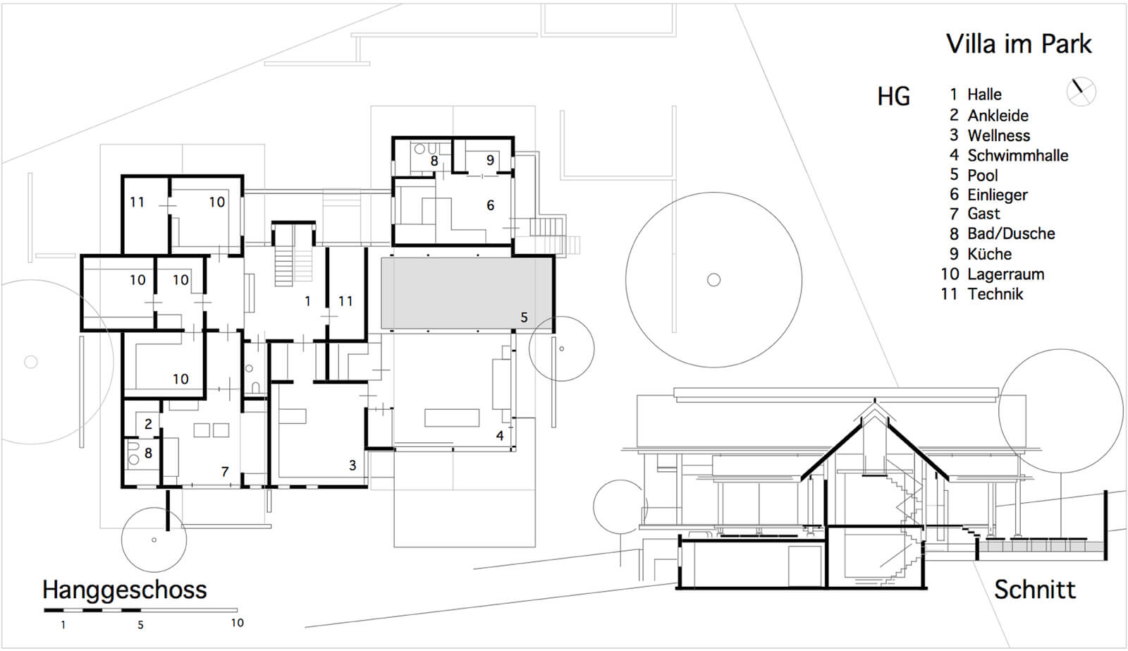 Grundriss Hanggeschoss mit Schnitt, Villa im Park