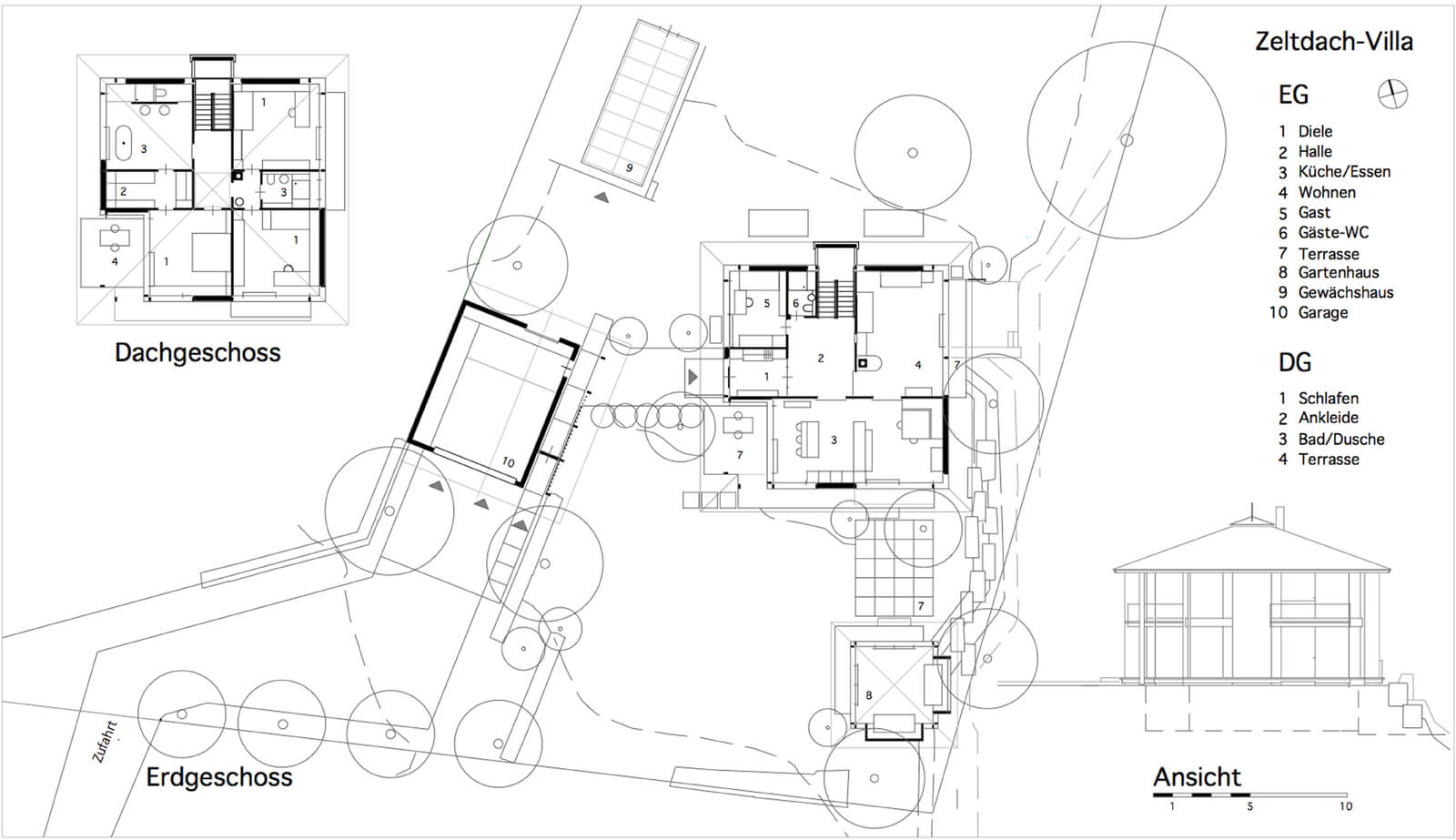 Lageplan mit Grundrissen Erdgeschoss, Dachgeschoss und Ansicht, Zeltdachvilla