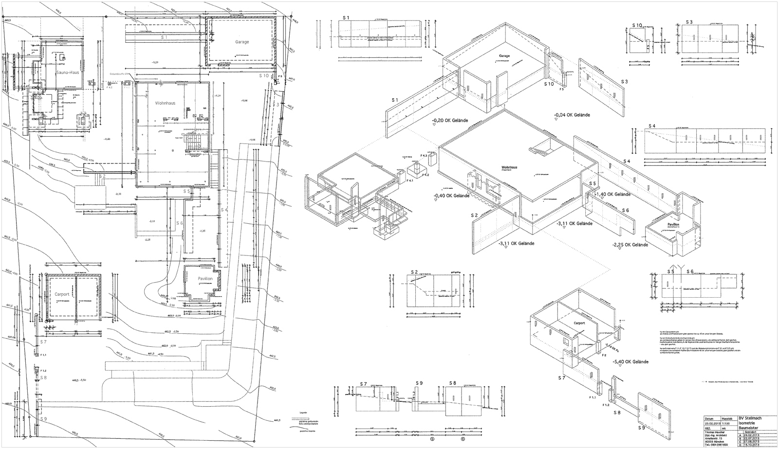 Site plan and foundation isometric with main house, garage, pavilion and carport