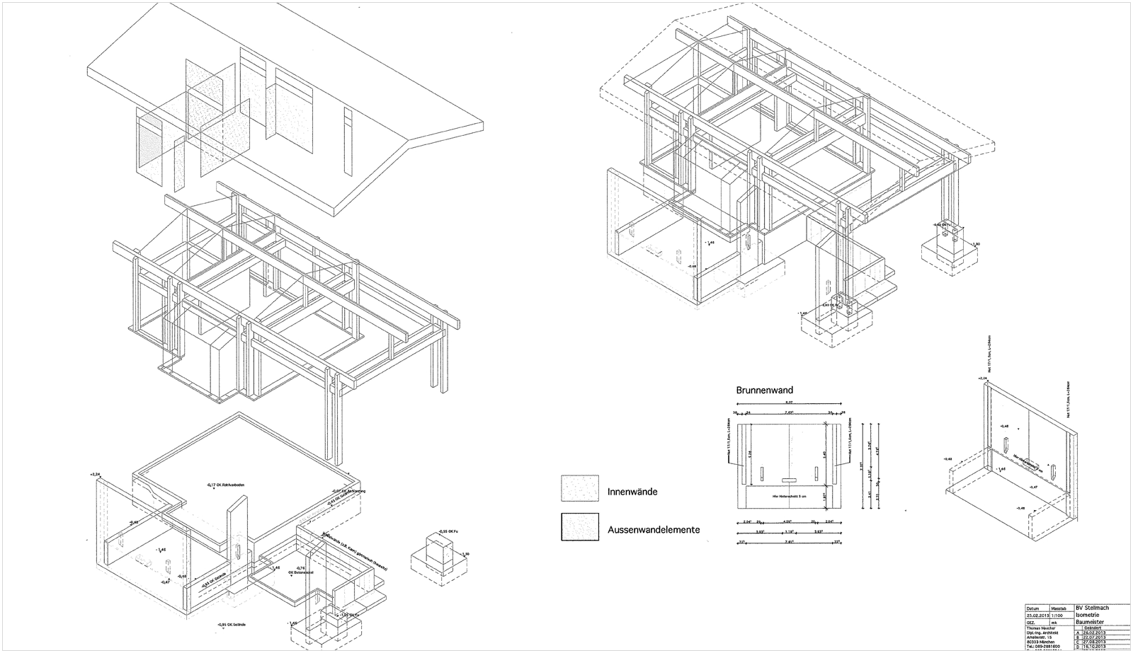 Exploded isometric of a timber-frame structure with saddle roof, foundation and wall panels