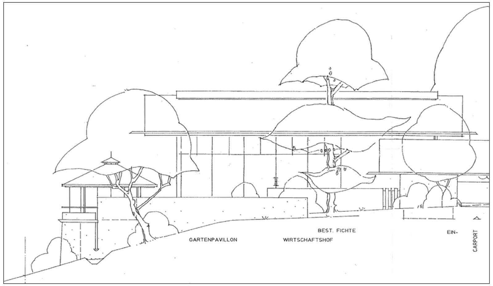 Hand-drawn elevation of a studio house with garden pavilion, service yard and trees