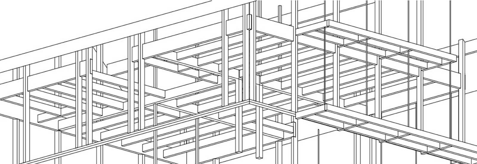 Isometric drawing of a timber frame with posts, beams and floor joists
