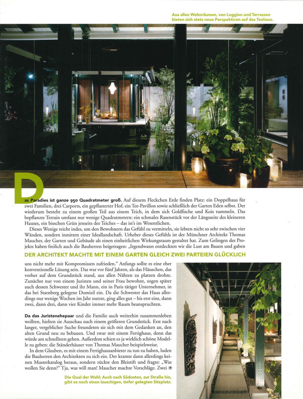 Zeitschriftenseite in HÄUSER 06/03 mit Blick auf Teehaus und Garten