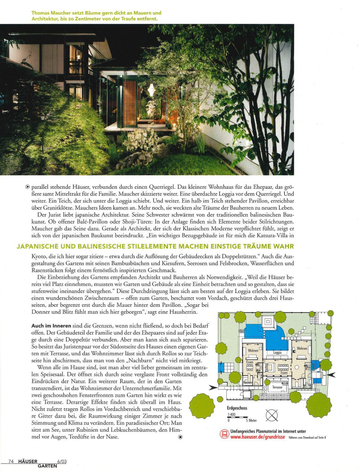 Zeitschriftenseite in HÄUSER 06/03 mit Gartenfoto und Lageplan