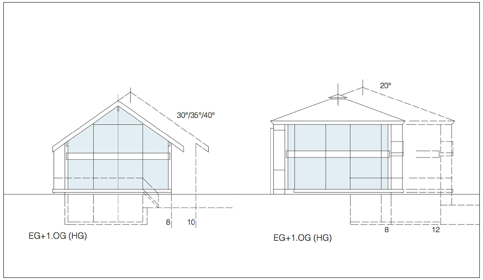 Elevations of a saddle roof and a tent roof classic house with roof pitches