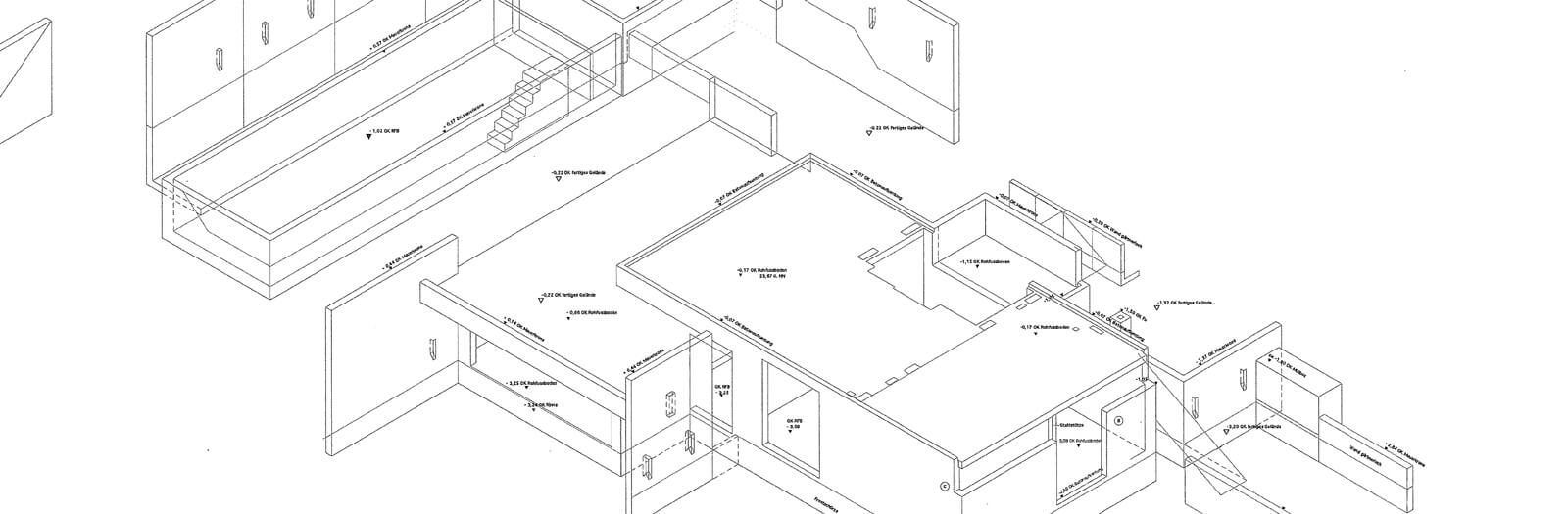 Isometric drawing of a house's foundations and basement walls with levels