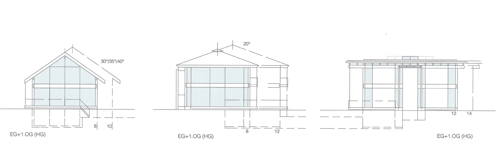 Elevations of classic houses with saddle roof, tent roof and flat roof