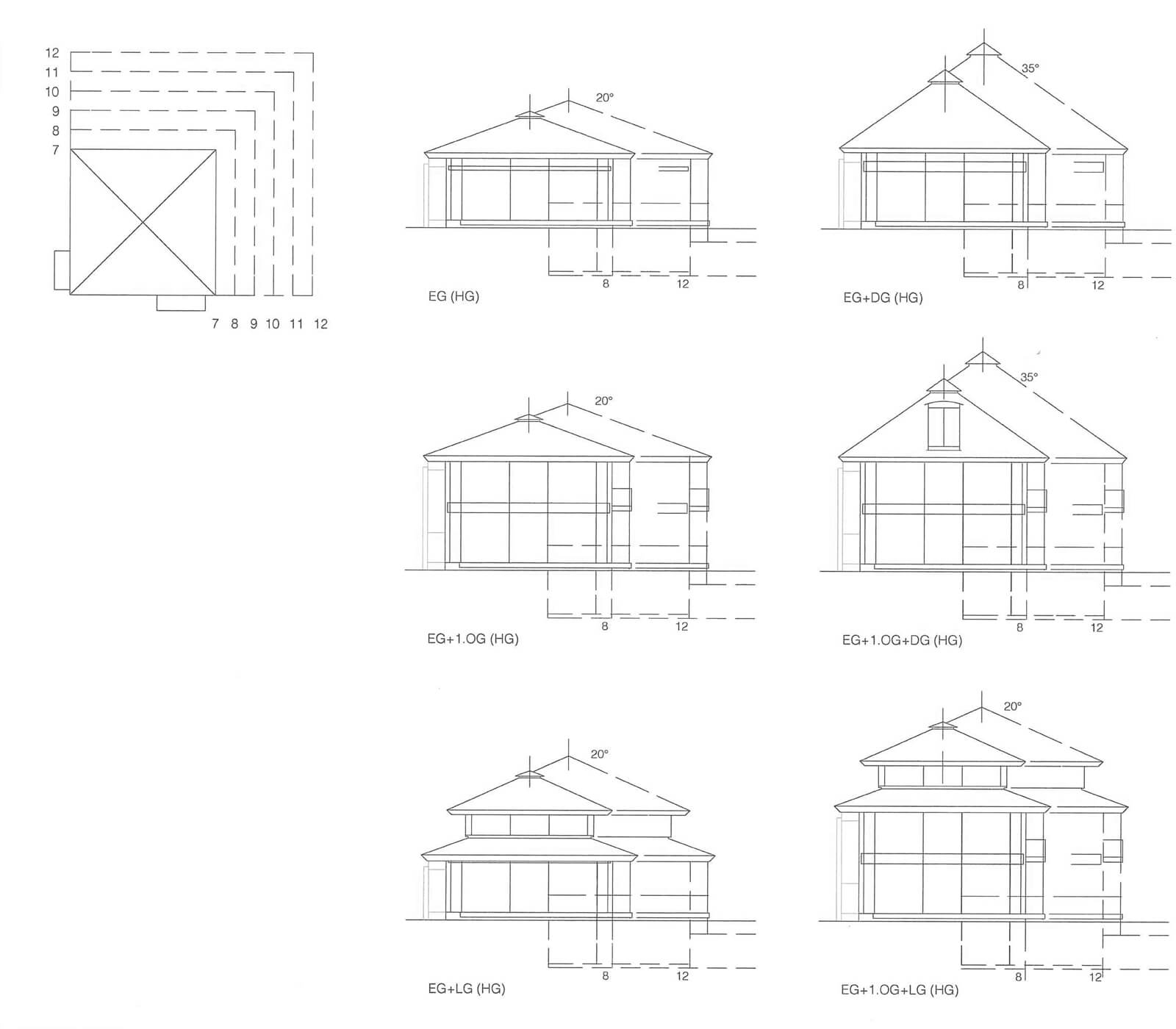 Grid dimensions and elevation variants of the tent roof house with different storeys