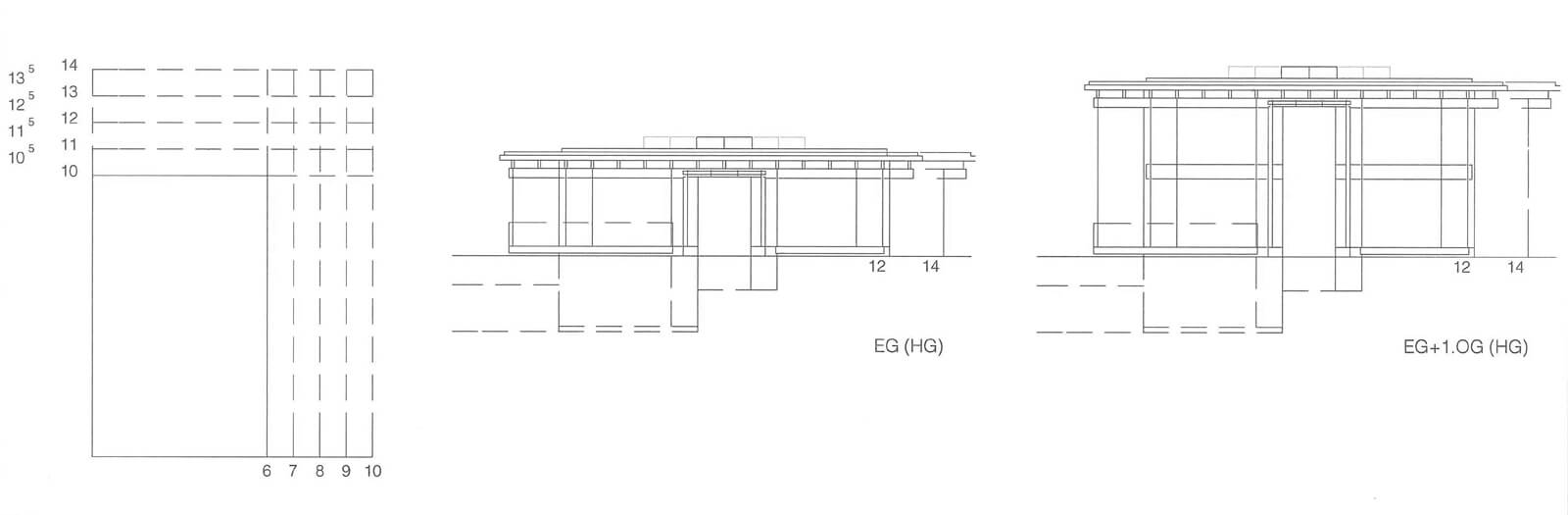 Grid dimensions and elevations of the flat roof house, single and two storeys
