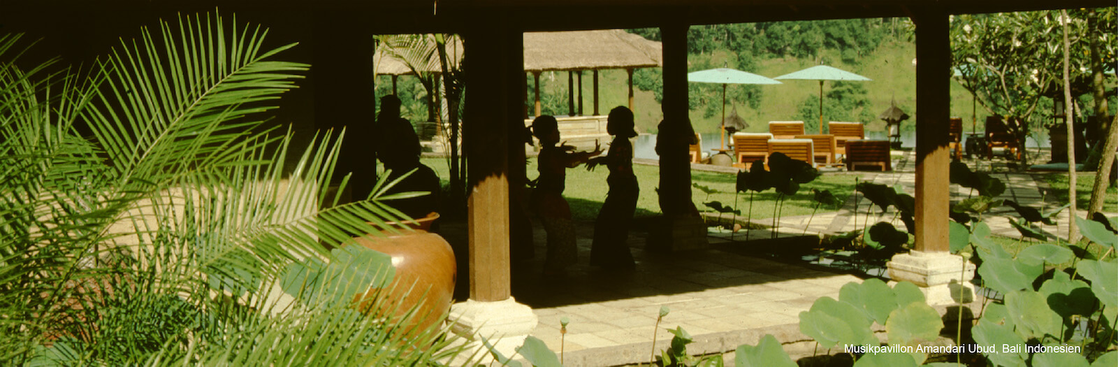 Music pavilion at Amandari Ubud, Bali, with dancing children