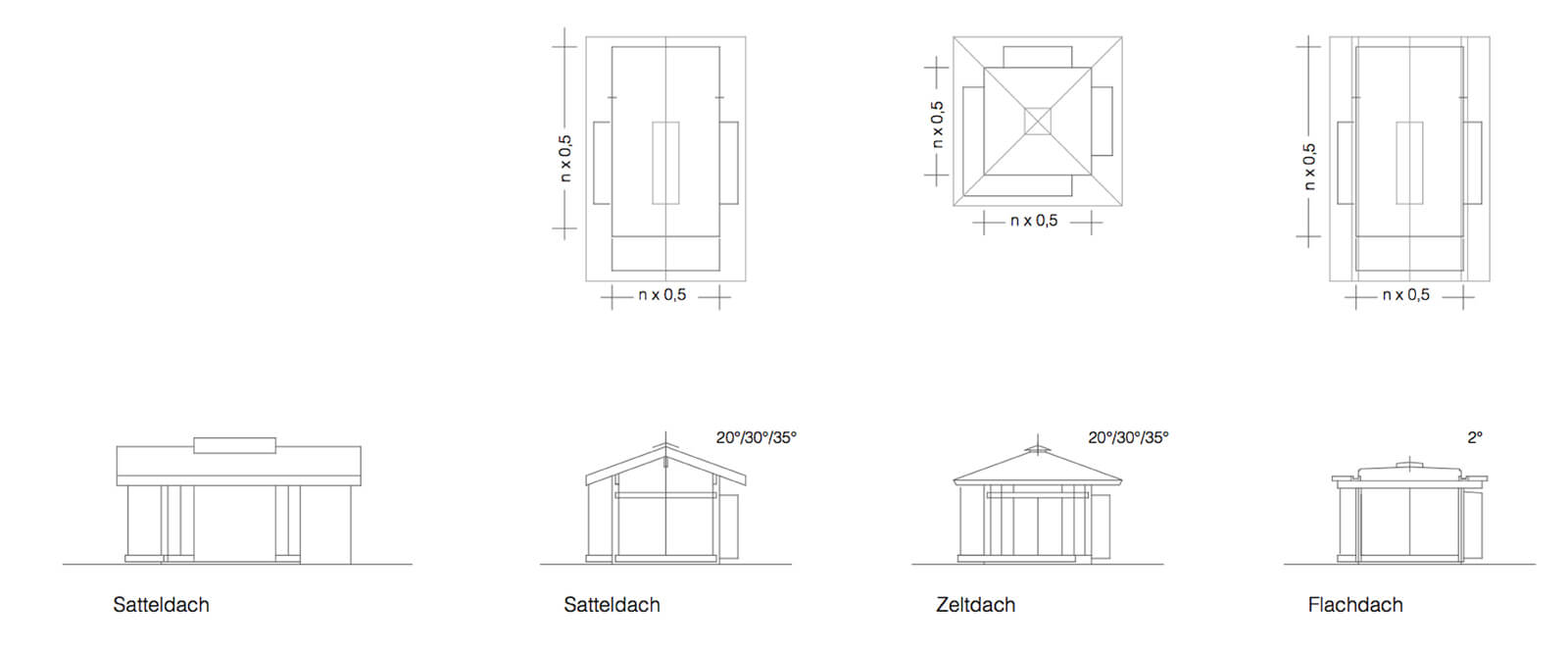 Plans and elevations of pavilions with saddle, tent and flat roofs