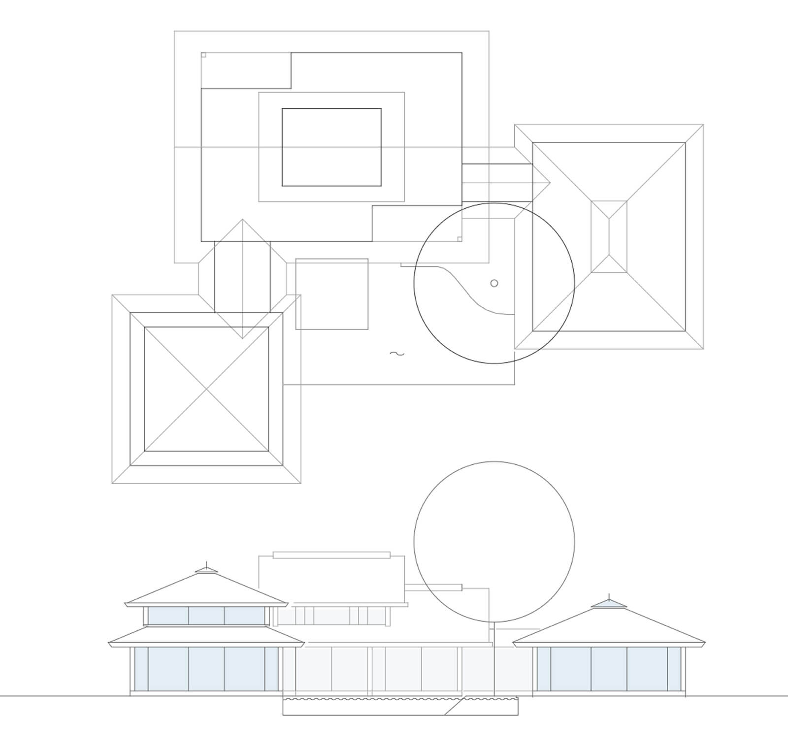 Dachaufsicht und Ansicht eines Atelierhauses in Traubenform mit Zeltdächern