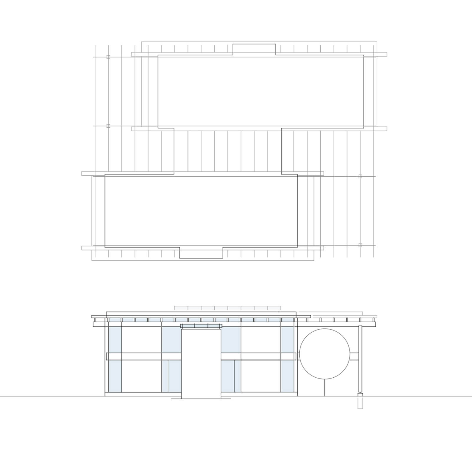Grundriss und Ansicht eines Pergolahauses in H-Form mit Flachdach