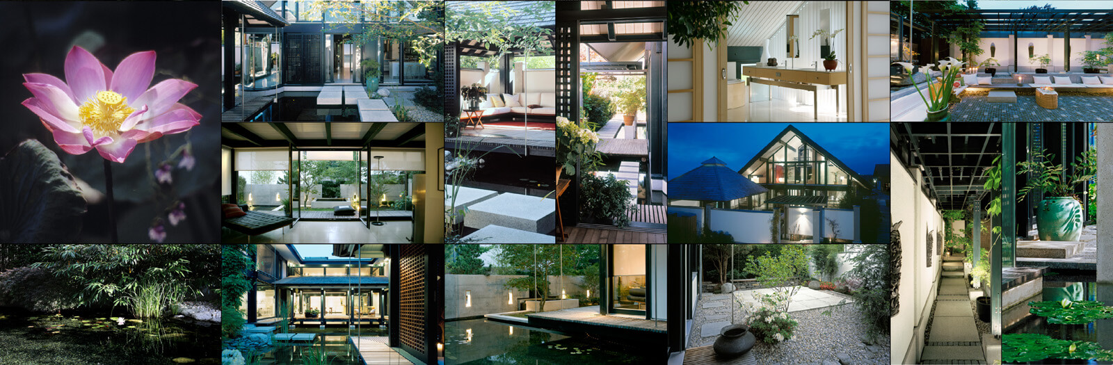 Photo collage with lotus flower, ponds, courtyards, bathroom and illuminated timber house