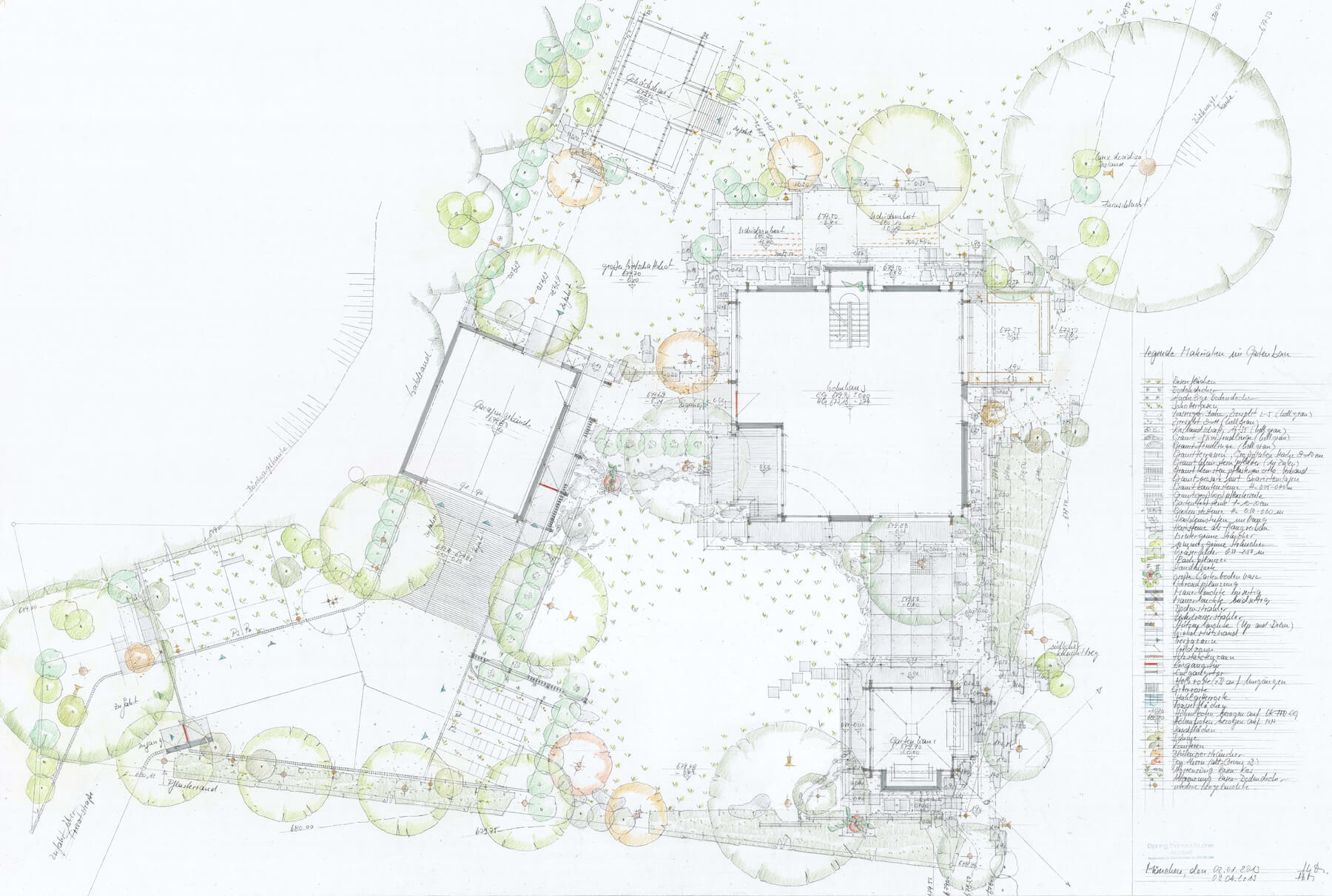 Zeltdachvilla: farbiger Gartenplan mit Wohnhaus, Nebengebäuden und Baumbestand