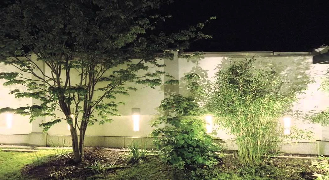 Haus mit Höfen: Südgarten mit Bäumen vor beleuchteter Gartenmauer bei Nacht